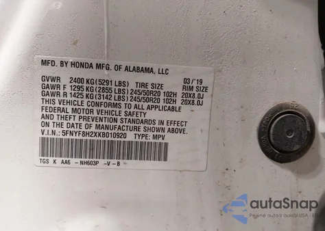 2019 Honda Passport Sport from USA, damaged, VIN 5FNYF8H2XKB010920
